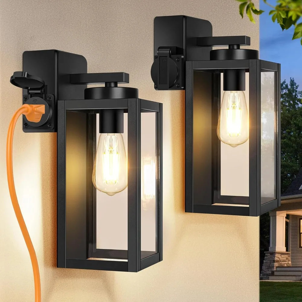 2-Pack Porch Lights Outdoor with Outlet, Modern Outdoor Wall Lights Exterior Lighting Fixtures, Outdoor Wall Sconces Outside Lights for House Front Door Garage, Black
