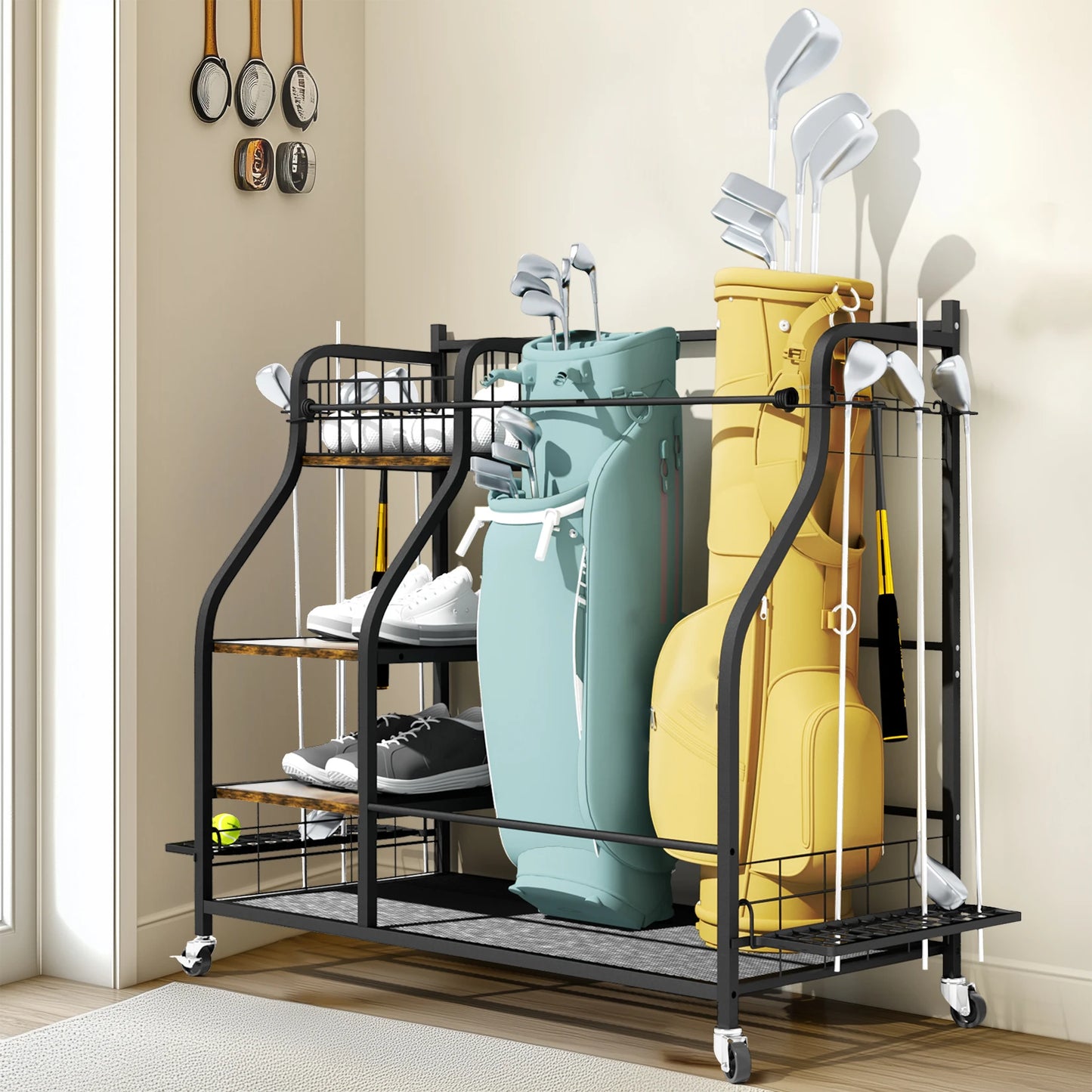 Rolling Golf Bags Storage Rack With Wheels For Sports Gear
