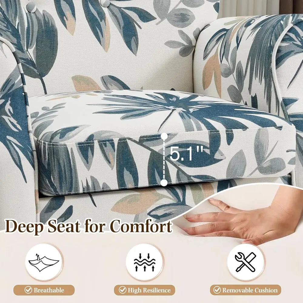 ern Accent Chair,High Back Armchair,Upholstered abric Button Single Soa with Wooden Legs or Living Room,Bedroom,Blue Leaves