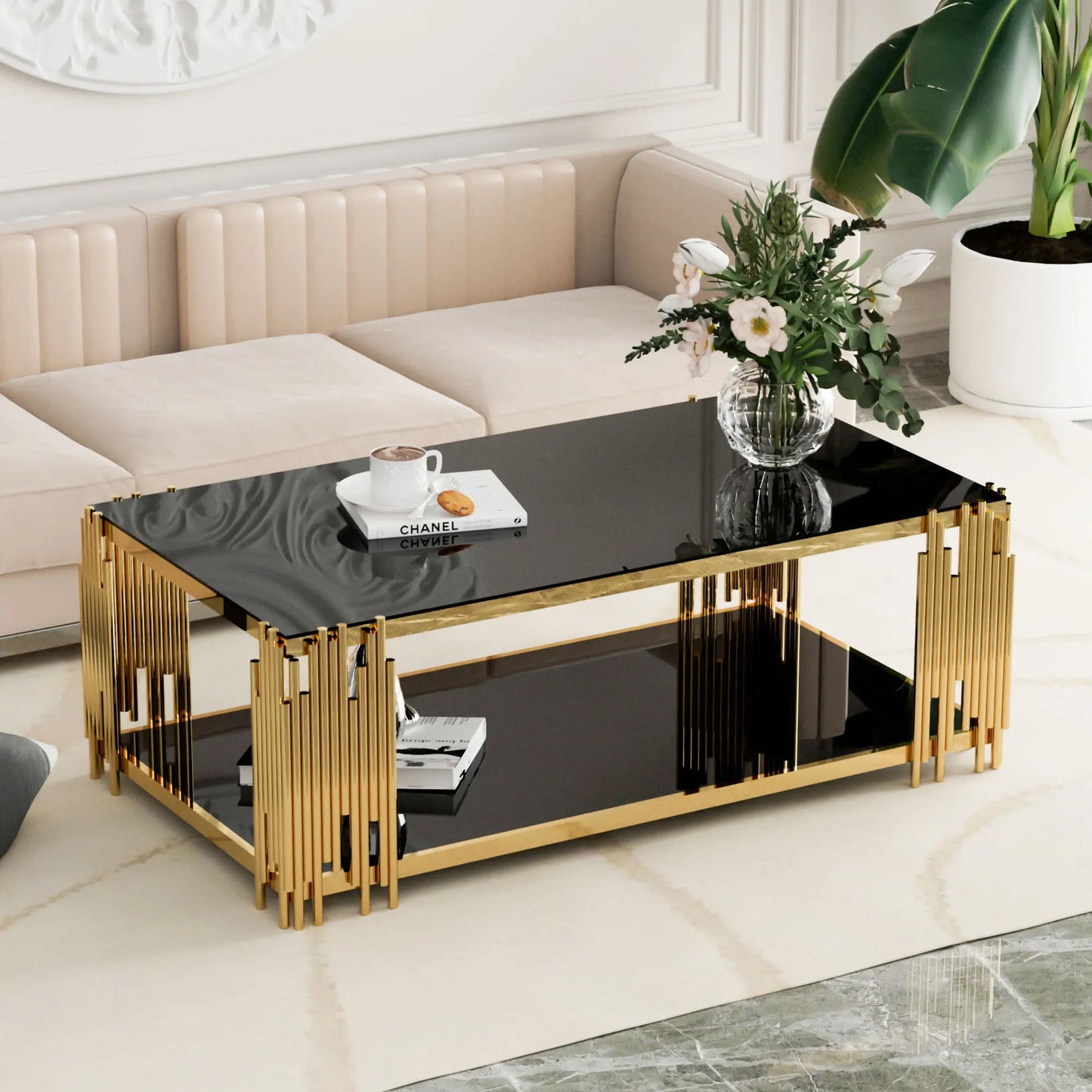 Modern Stainless Steel Rectangular Glass Coffee Table With Gold Legs