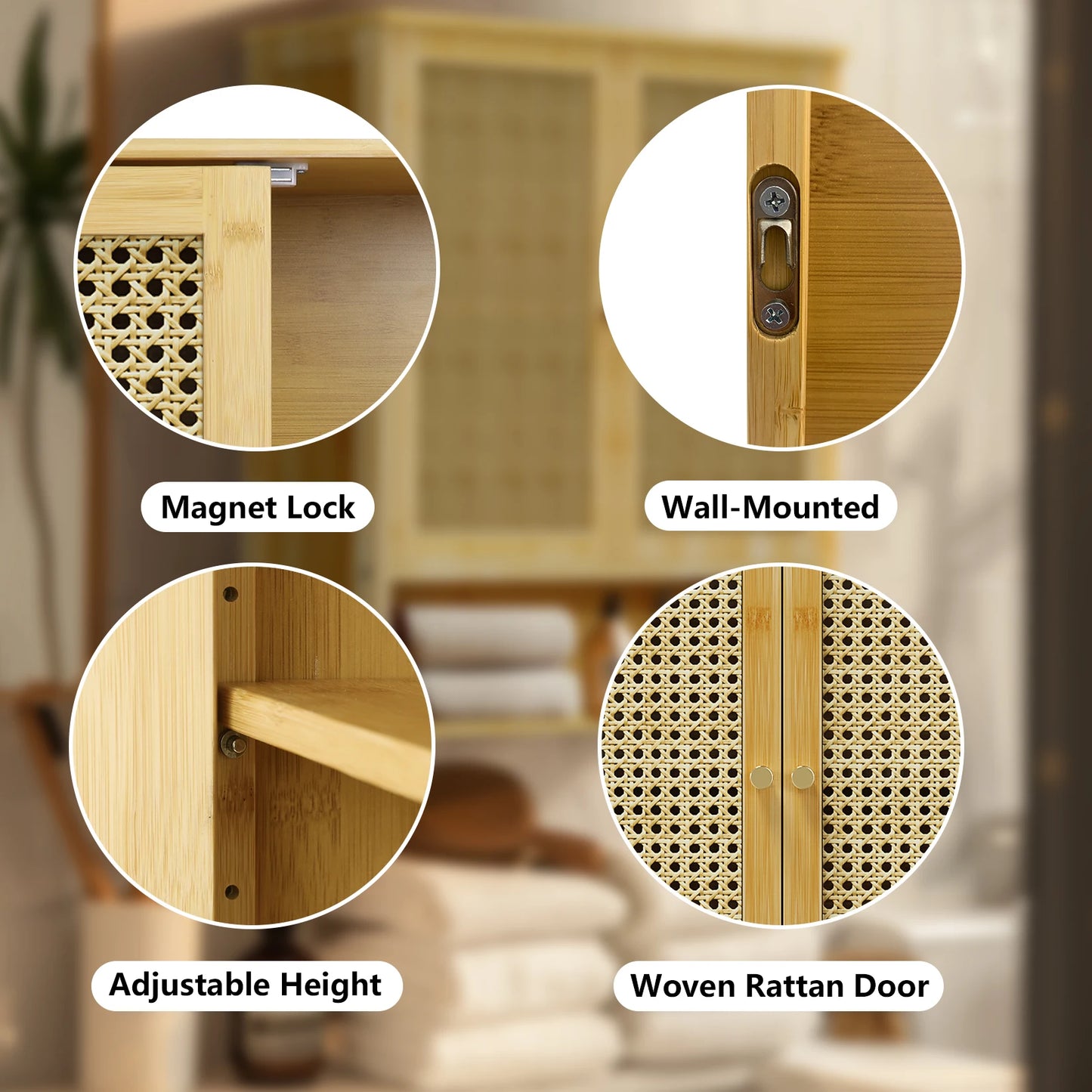 Wooden Storage Cupboard Wall Mounted Medicine Cabinet Unit Kitchen Shelf with Wooden Storage Cupboard with 2 Rattan Doors