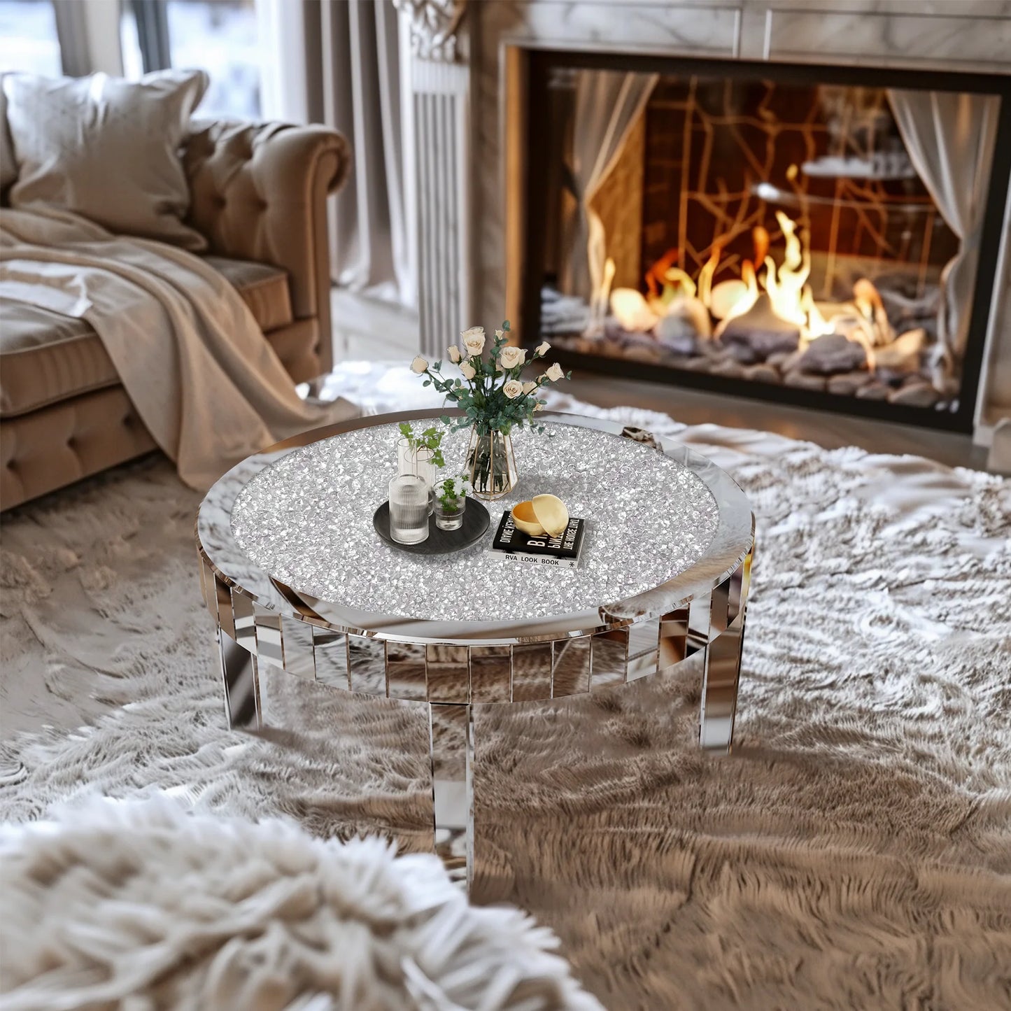 Mirrored Coffee Table With Crystal Inlay Modern Glass Surface
