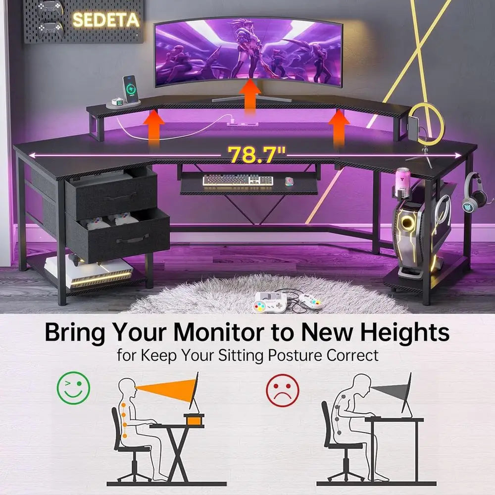 L Shaped Gaming Desk With Drawers Shelves And LED Lighting