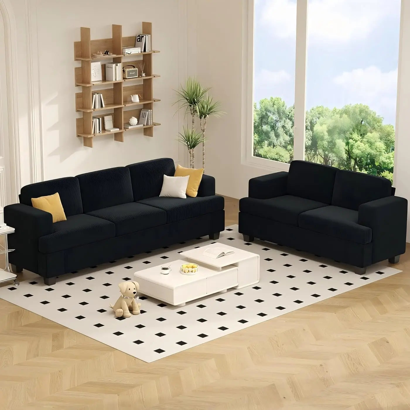 2 Piece Modern Sleeper Loveseat & 3 Seater Sofa Set, Deep Seat Corduroy Living Room Furniture for Apartment Lounge 89", Custom