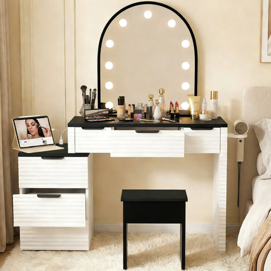 Vanity Desk Chair Set With Mirror Light And Power Outlet