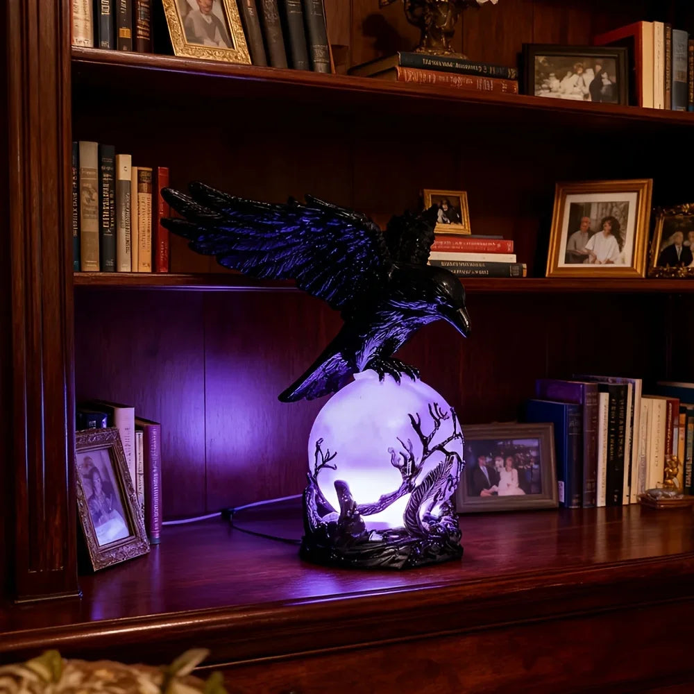 Illuminated Raven Sculpture - A Gothic Light, Showcasing A Raven Perched on A Bright Sphere. an Ideal Outdoor Lamp for Moonlit