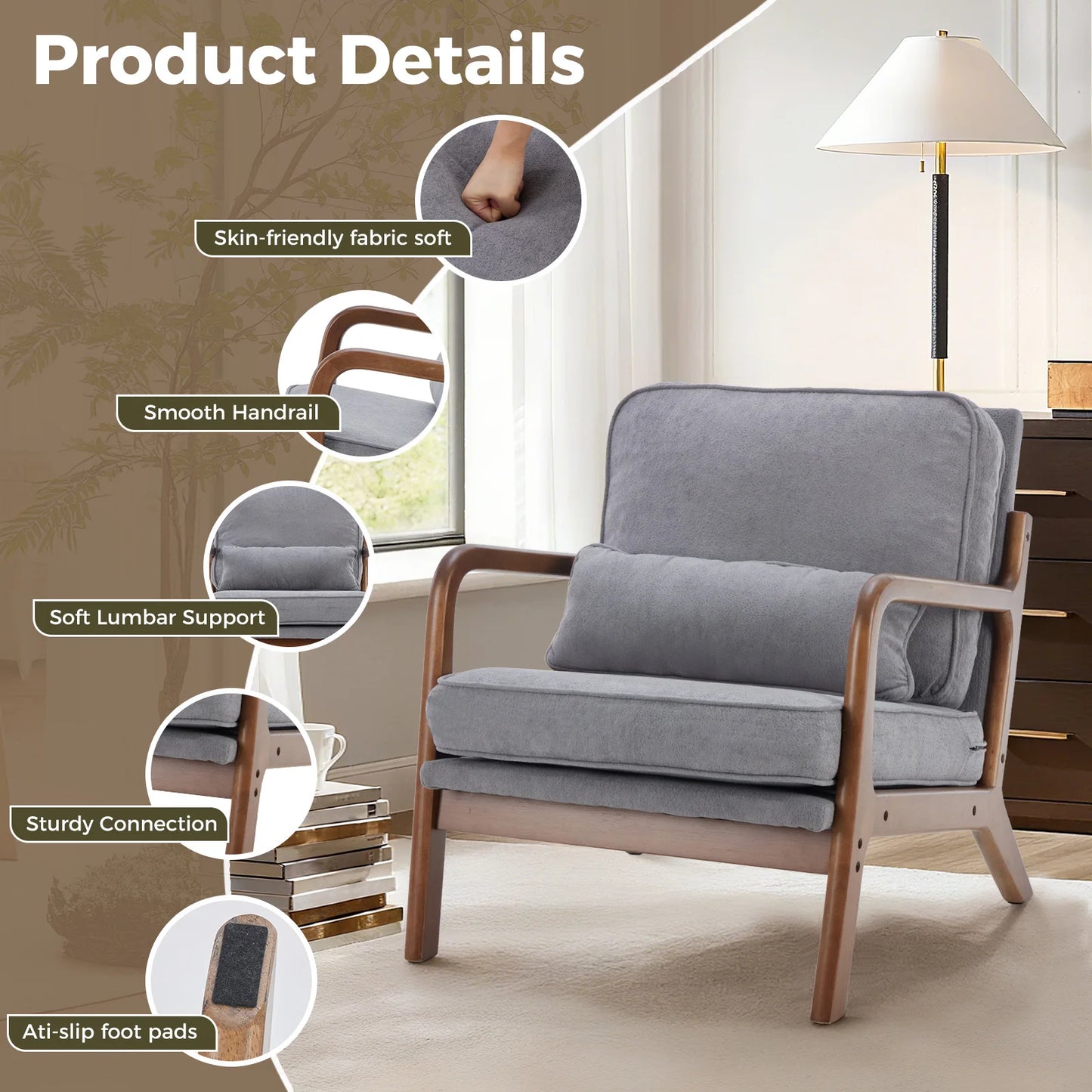 JHK Mid Century Modern Armchair With Wood Frame Cushion