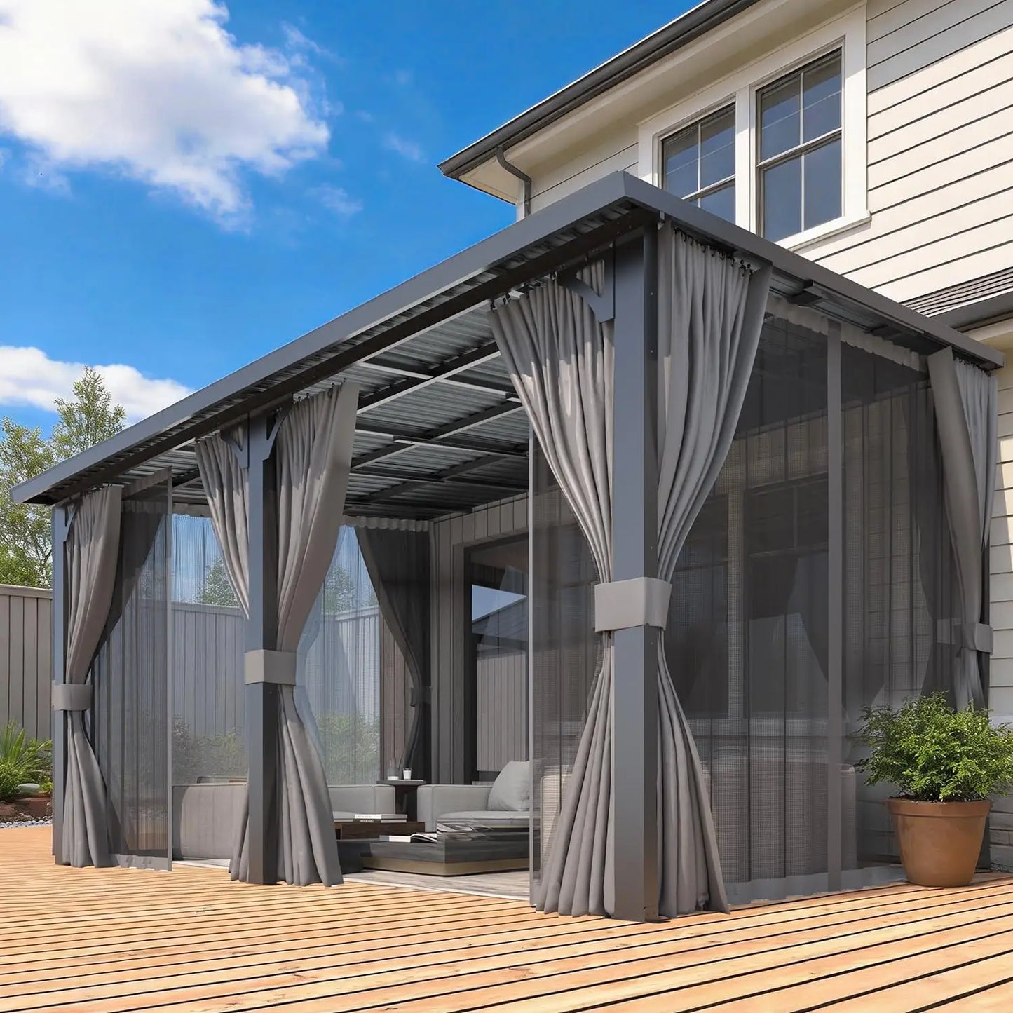 Lean To Hardtop Gazebo Curtains And Netting Wall Outdoor Shelter