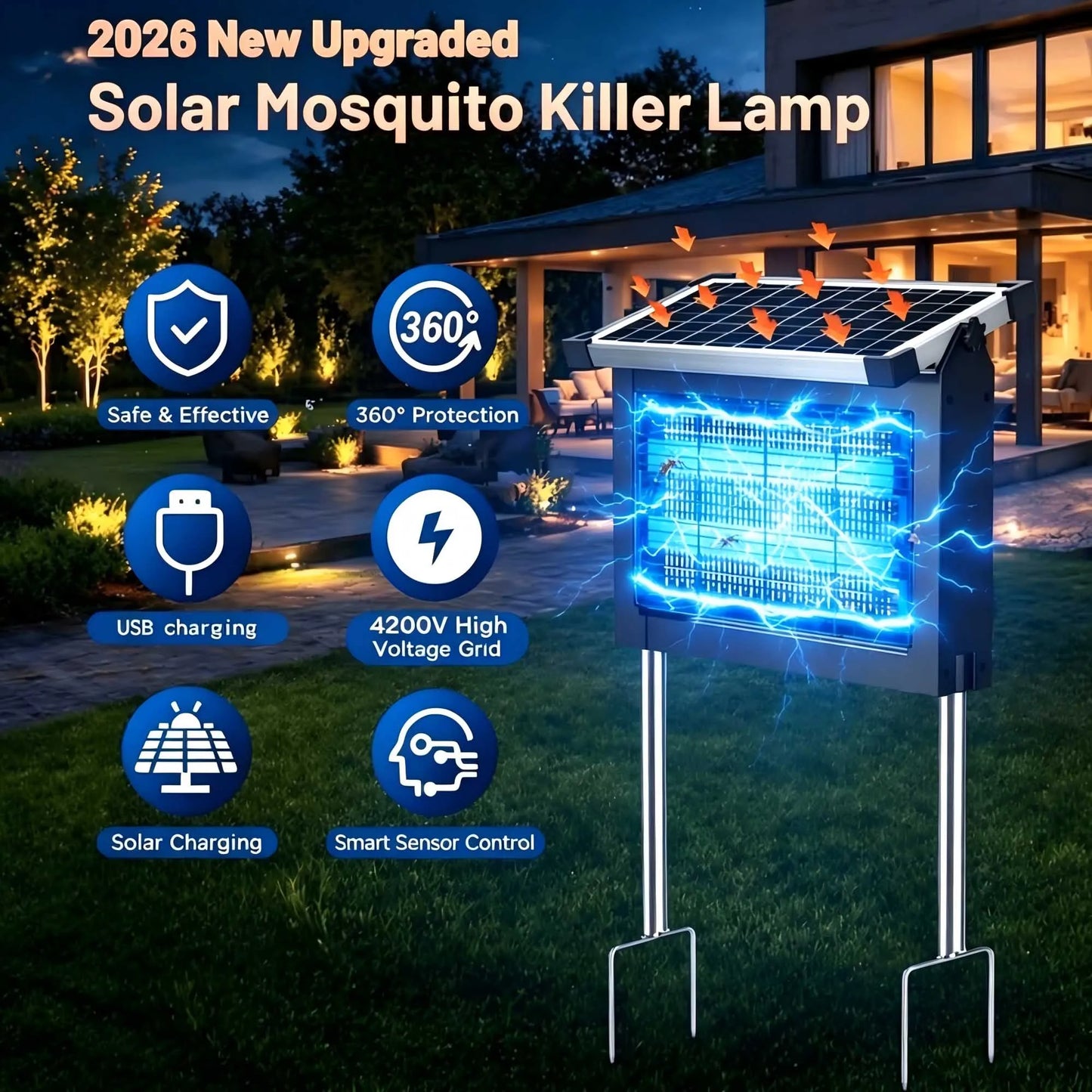 Solar Mosquito Zapper Outdoor 4500V Waterproof With Panel Sensor