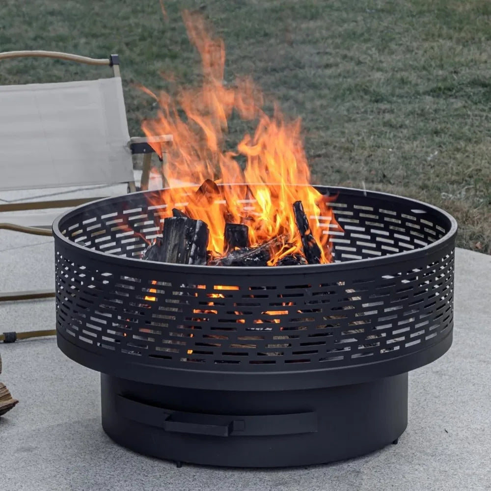 32" Wood Burning Fire Pit with Grill & Lid, Outdoor Firepit Table for BBQ, Bonfire, Patio Heater, Waterproof Cover