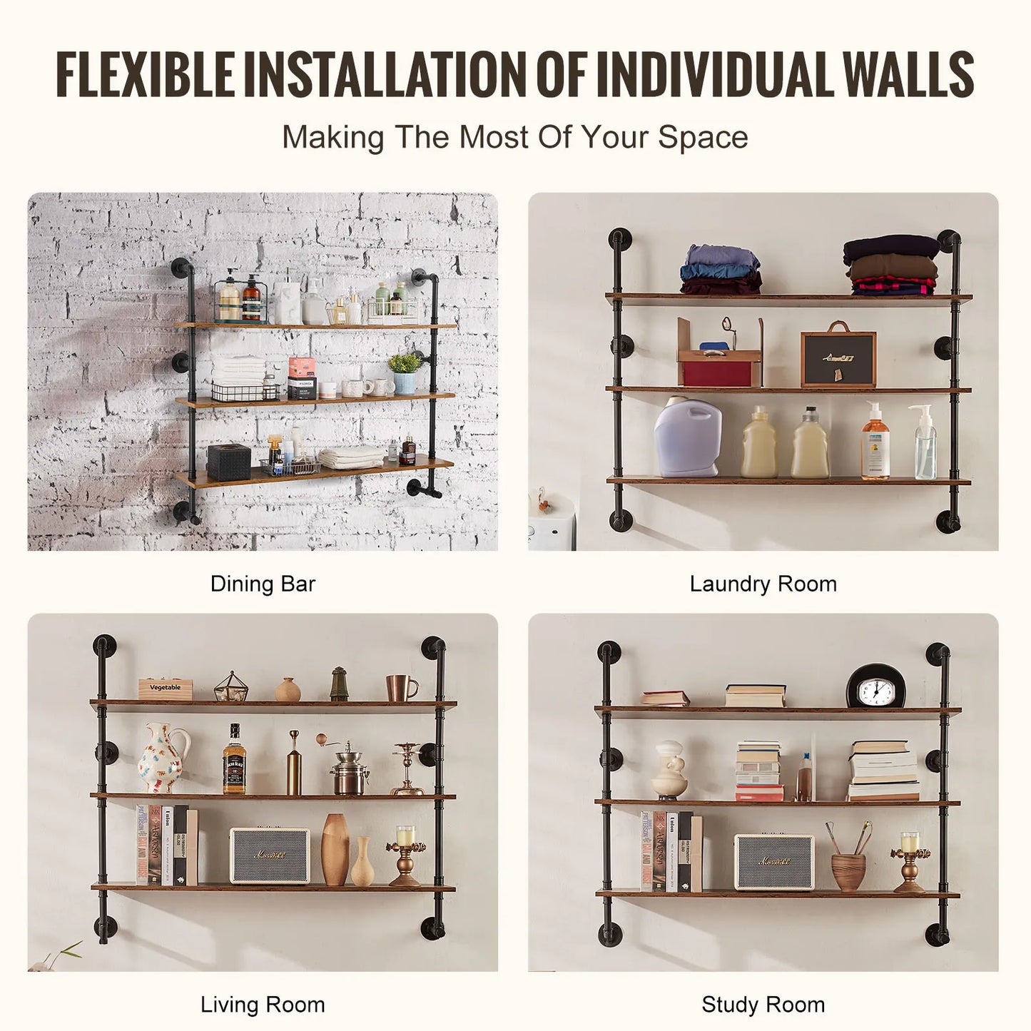Industrial Pipe Shelf Wall Mount Rustic Wood Shelves Bracket Rack