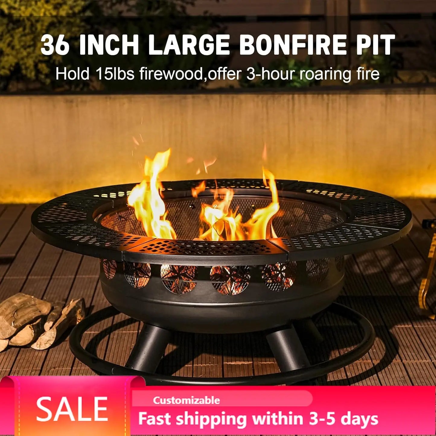 36 Inch Fire Pit With Two Grills And DurableAndReliable Lid