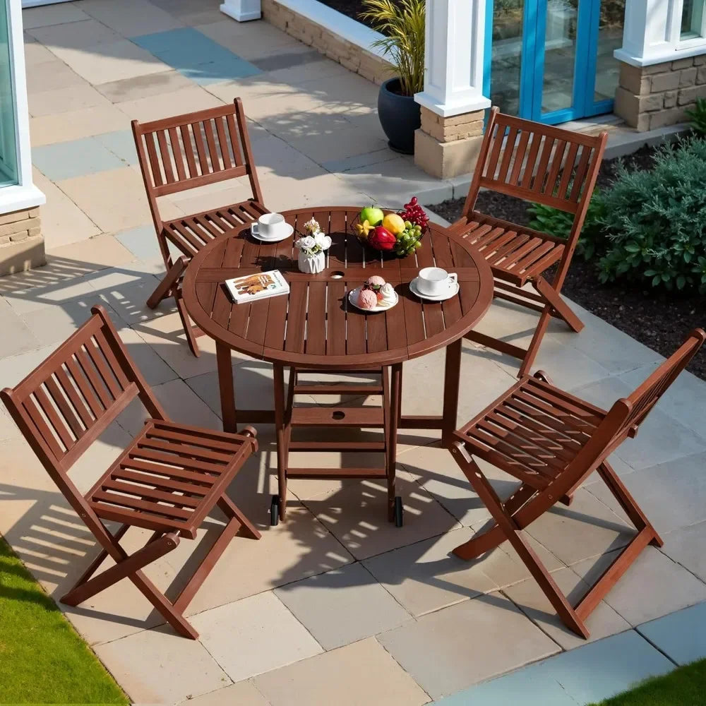 BestsellerDurability outdoor acacia wood 5-piece patio dining set with folding round table and chairs for backyard, balcony, and