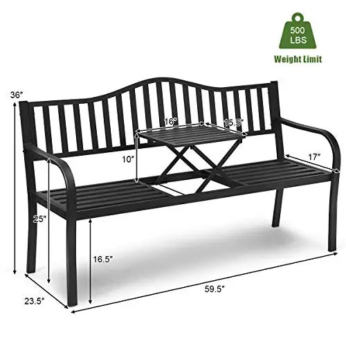Black Steel Outdoor Garden Bench With Foldable Center Table And Striped Cushions For Patio Lawn Porch