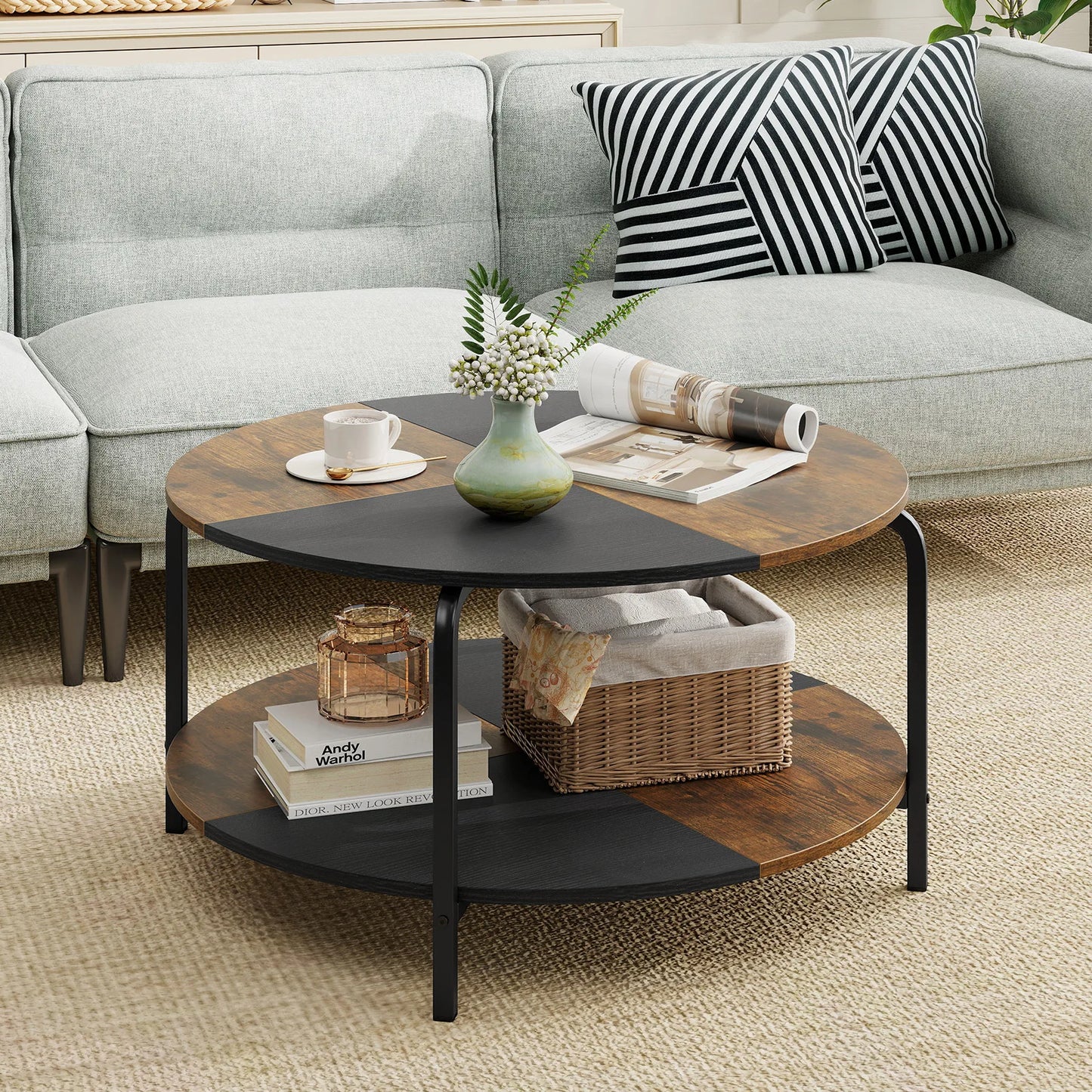 2-Tier Round Coffee Table w/ Storage Shelf, Metal Frame for Living Room Apartment