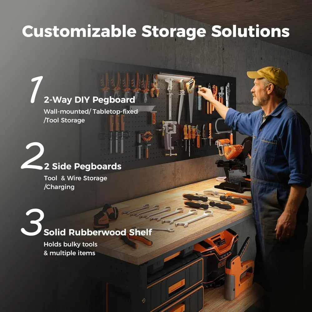 60" Adjustable Workbench with Storage Shelf, LED Light & Power Strip - 2000LBS Capacity