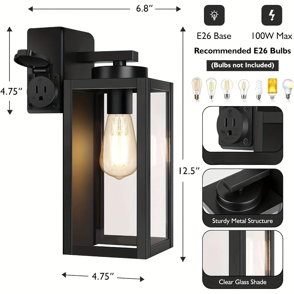2-Pack Porch Lights Outdoor with Outlet, Modern Outdoor Wall Lights Exterior Lighting Fixtures, Outdoor Wall Sconces Outside Lights for House Front Door Garage, Black