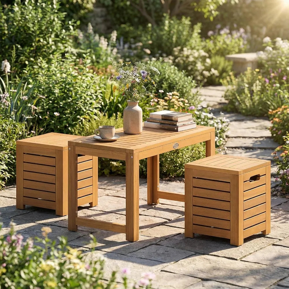 Acacia Wood Outdoor Patio Coffee Table With Stools Hidden Storage