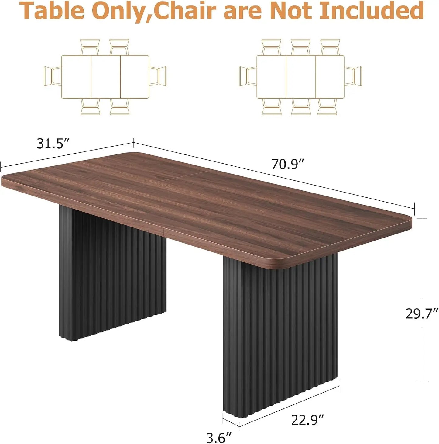 Modern Dining Table for 6-8, 71" Rectangular Farmhouse Kitchen Table with 3.6"×22.9" Black Fluted Wave Metal Legs & Wooden Top, Large Dining Table for Home Office, Dining