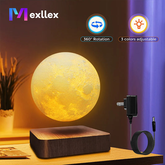 Mexllex Magnetic Rotating Moon Lamp With Wooden Base And 3 Color Temperature LED