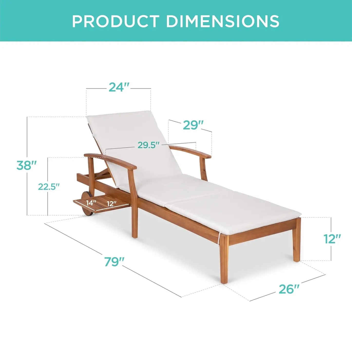 Acacia Wood Chaise Lounge Chair Recliner With Slide Out Table