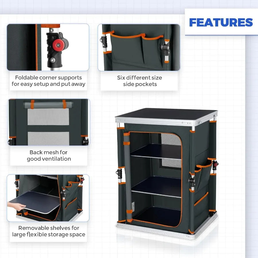 Portable Folding Camping Table With Tiered Storage And Side Pockets