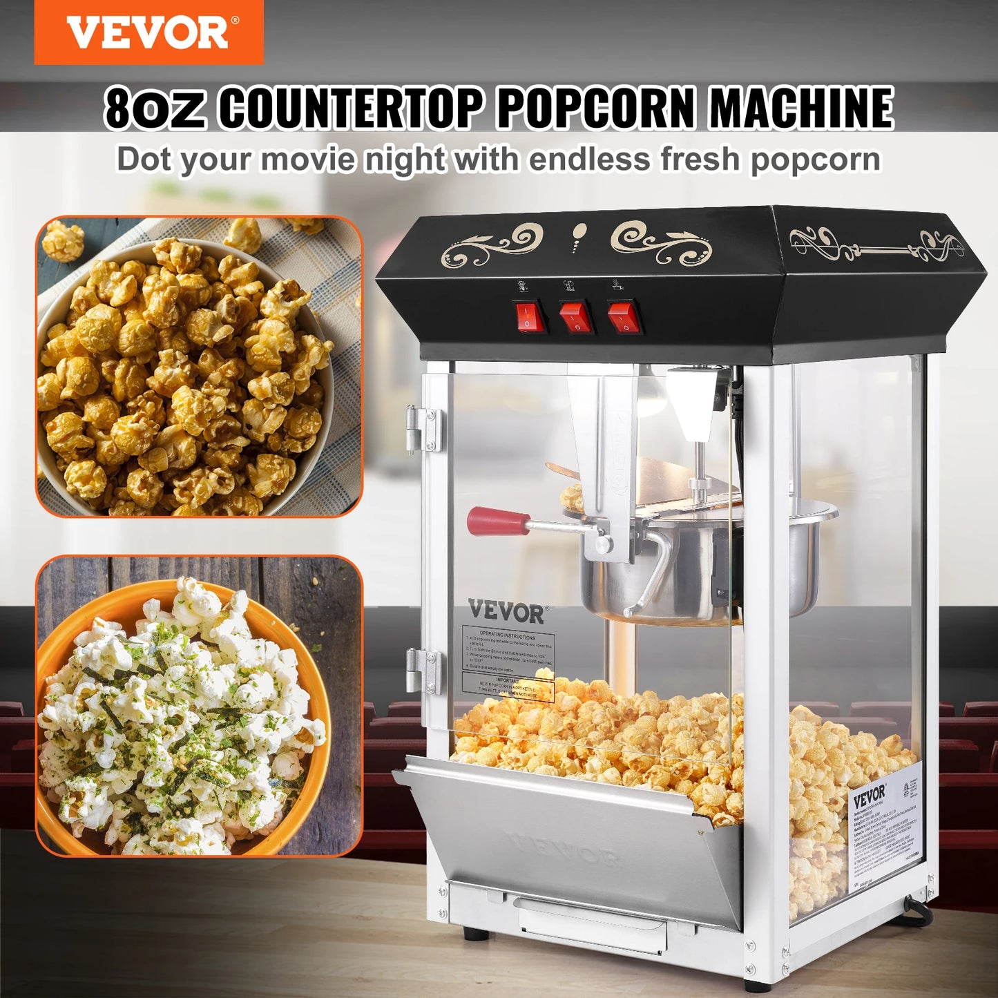 SucceBuy Commercial Countertop Popcorn Maker Machine With Tempered Glass Lid