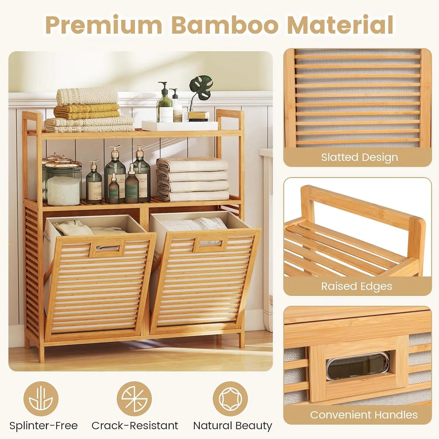 Double Tilt Out Laundry Hamper w/2-Tier Storage Shelf | 14 Gal Bamboo Laundry Storage Cabinet w/Removable Laundry Baskets, Laundry Sorter Organizer for Bathroom Living Room Bedroom