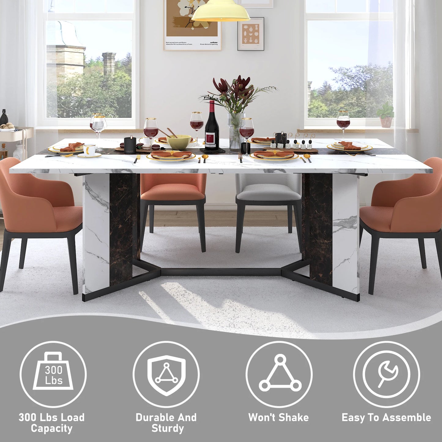 QiaoShiRen Modern Rectangular Wooden Dining Table With Metal Legs