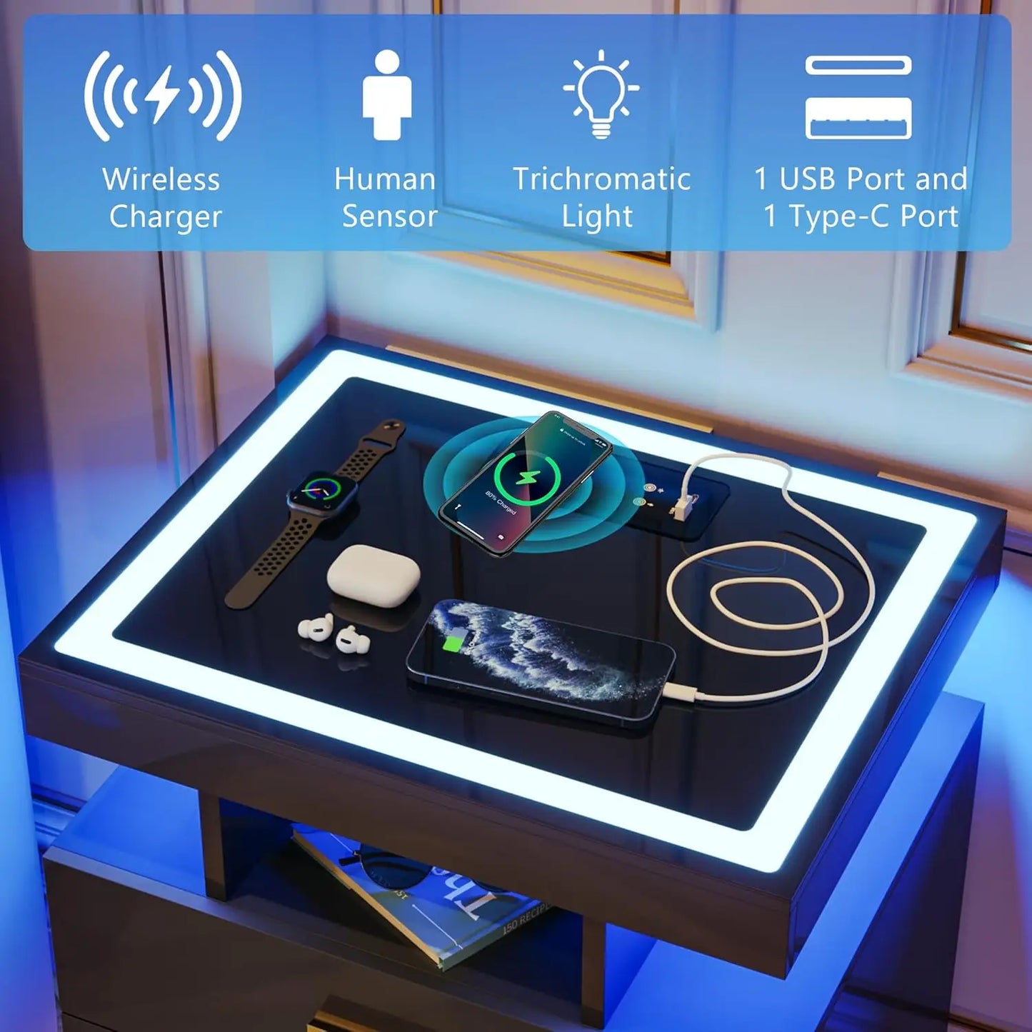 Nightstand With Wireless Charging And Auto Sensor LED End Table