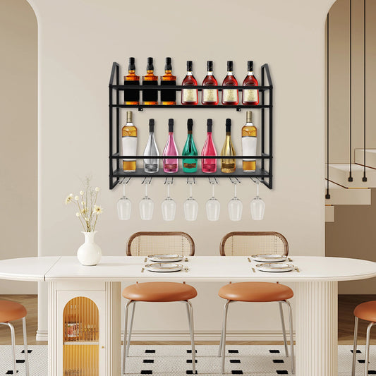 Wall Mounted Wine Rack, Wall Mounted Wine Bottle Holder Shelf Black, Steel Wine Storage Rack for Kitchen, Bar, Home, Organizer