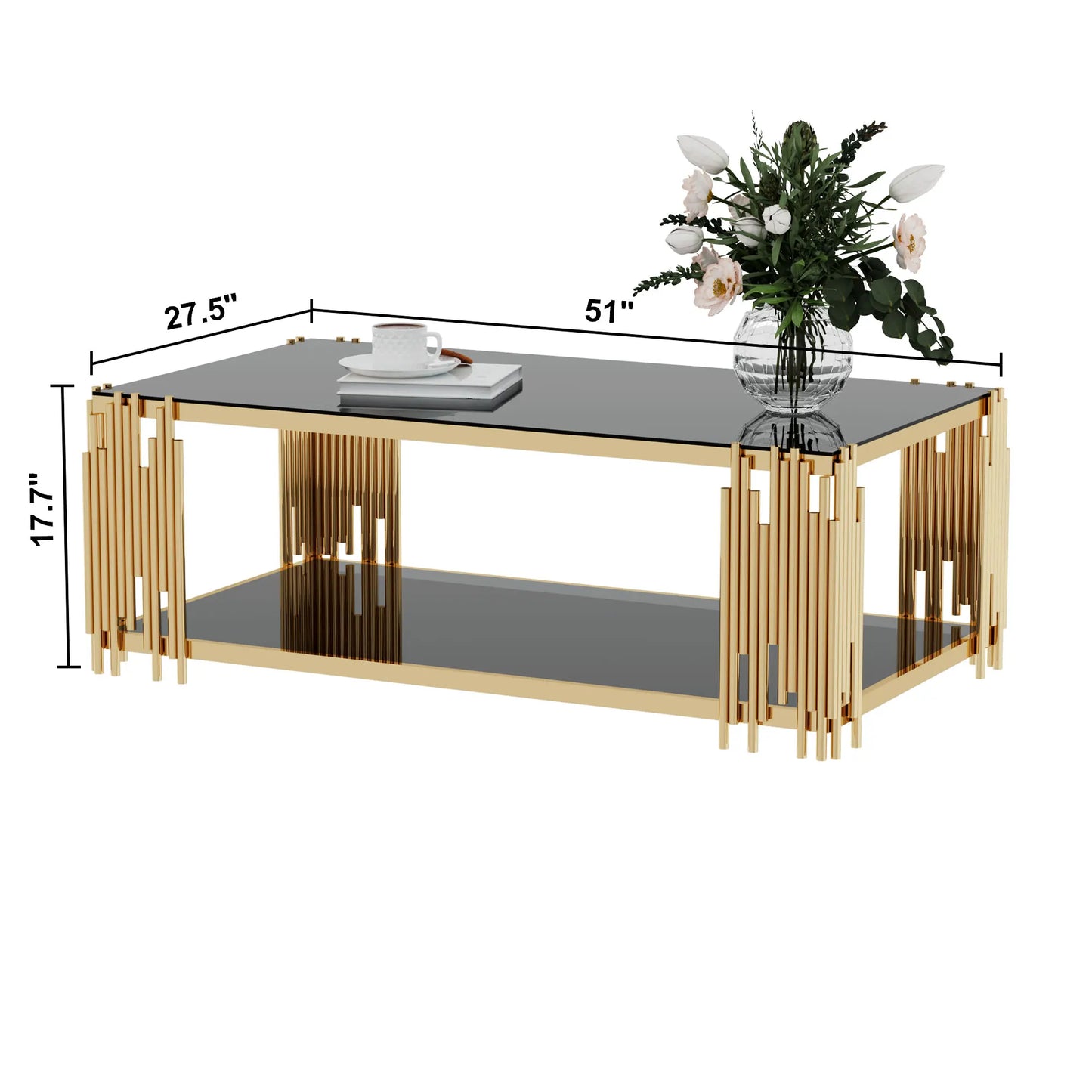 Modern Stainless Steel Rectangular Glass Coffee Table With Gold Legs