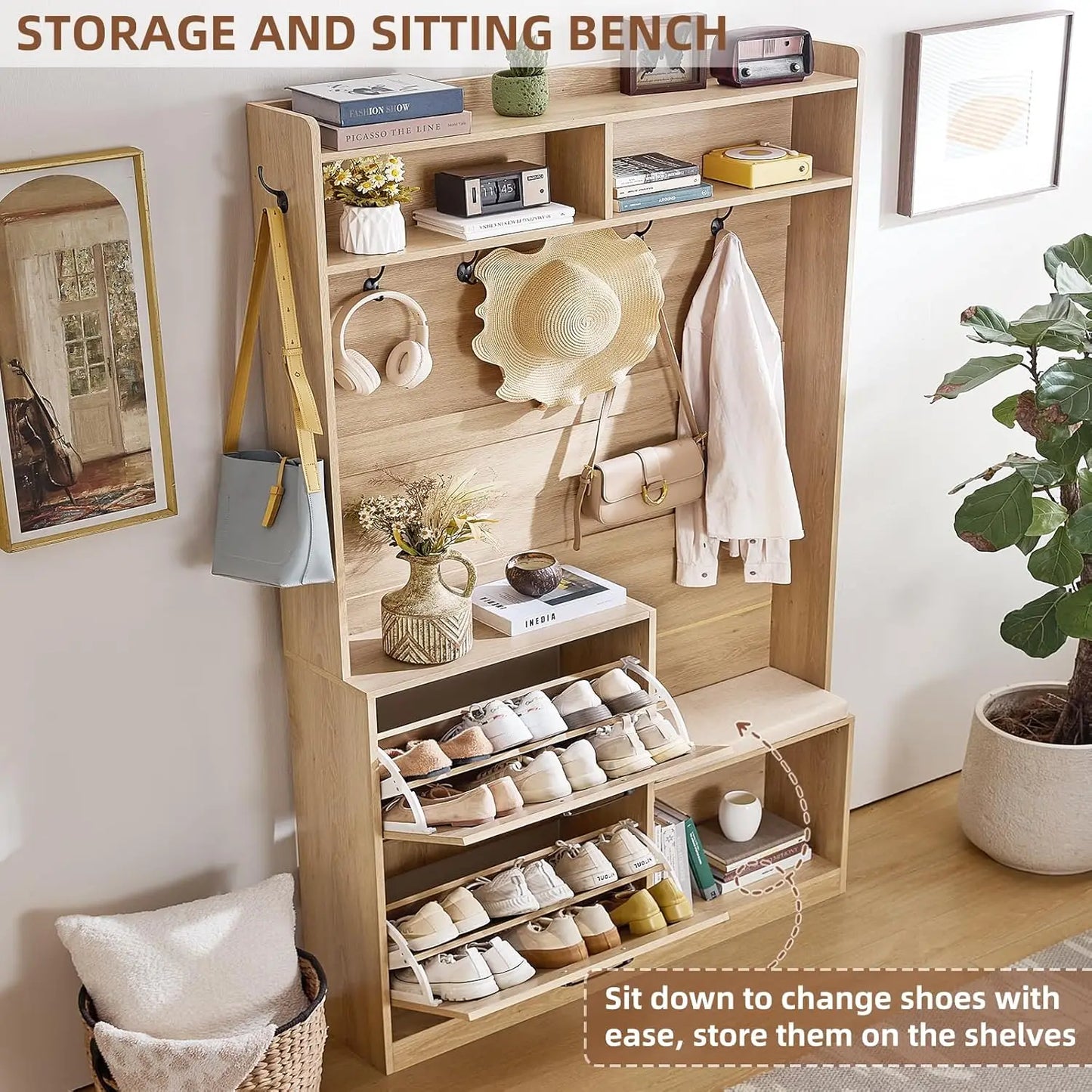 78" Tall Boho Hall Tree with Bench & Shoe Storage, 4-in-1 Mudroom Rattan Coat Rack with 2 Flip Drawers & Cushioned Stool