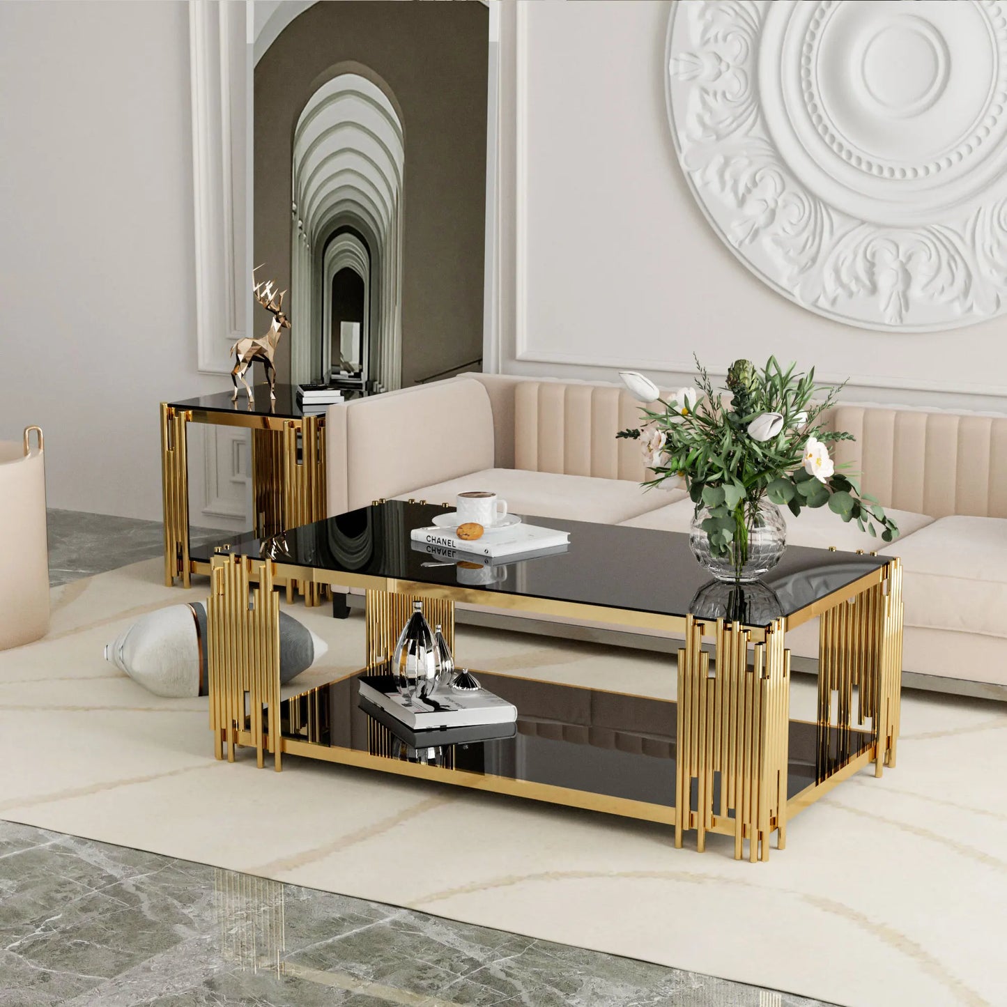 Modern Stainless Steel Rectangular Glass Coffee Table With Gold Legs