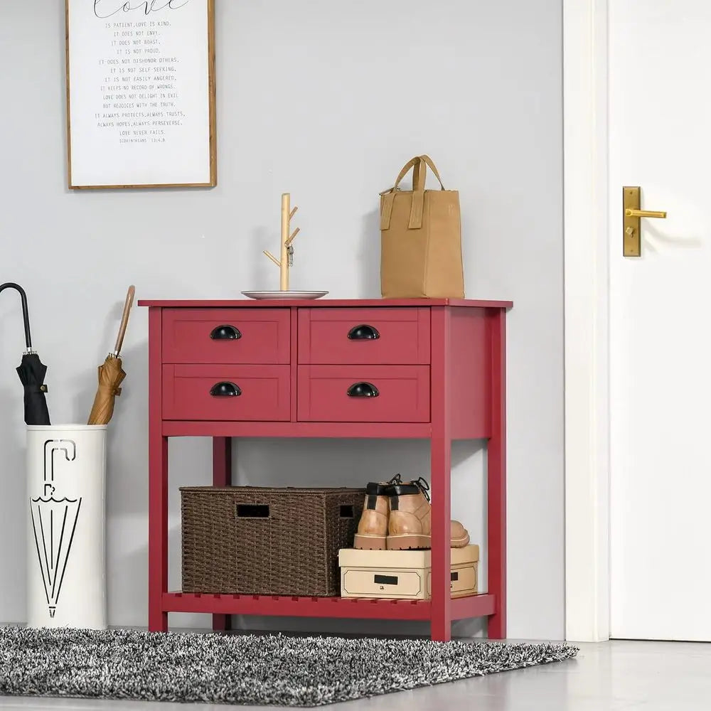 Red Wood Sideboard Bar Cabinet with 4 Doors And Shelves