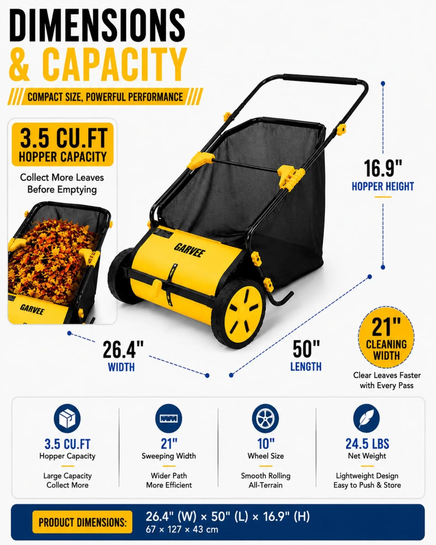HiMISS Manual Operated Lawn Sweeper With 3.5 CuFt Mesh Bag