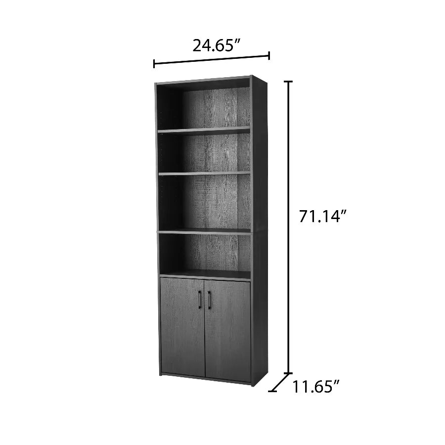 Mainstays Black 5‑Shelf Bookcase with Doors Traditional Storage Display Cabinet Bookshelf for Living Room Home Office