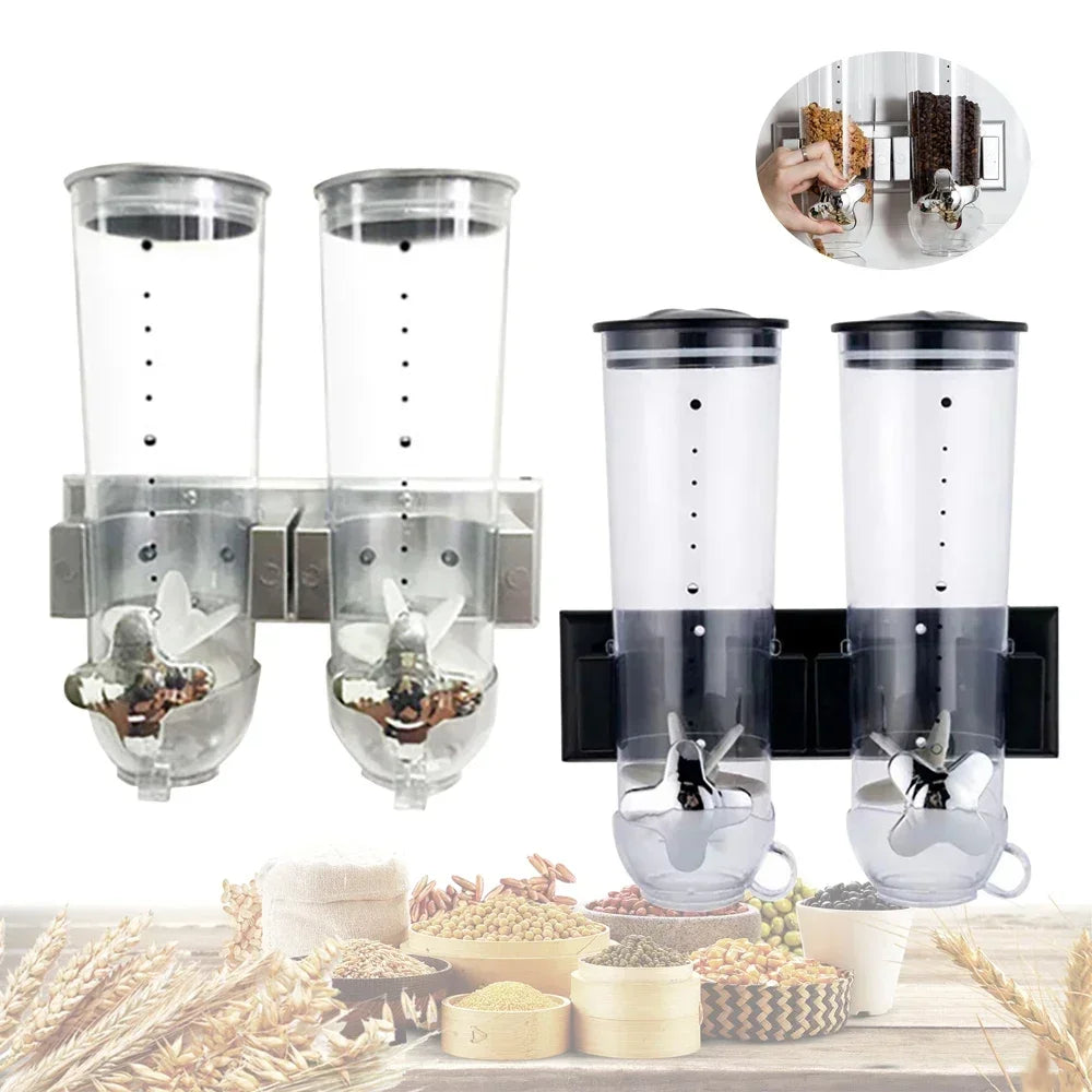 Dual Control Food Dispensers Wall Mount Double Dry Cereal Dispenser for Cereal Nuts Coffee Beans Mix Convenient Storage