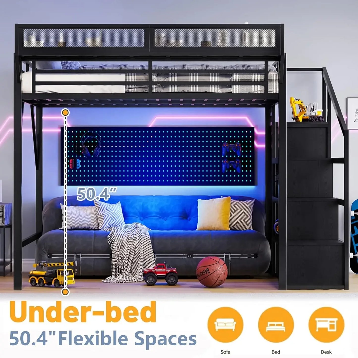 Queen Size Loft Bed with Stairs, Storage Shelves and Built-in Wardrobe, Metal Loft Bed Frame with USB Ports and LED Lights (Blac