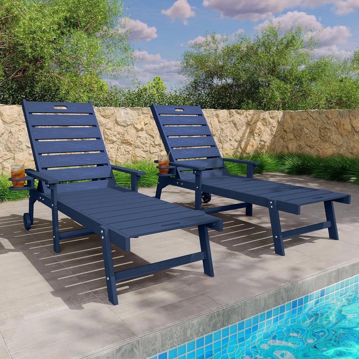 5-Level Adjustable All-Weather Outdoor Chaise Lounge Set of 2 with Cup Holders & Wheels for Patio Beach Deck, Custom