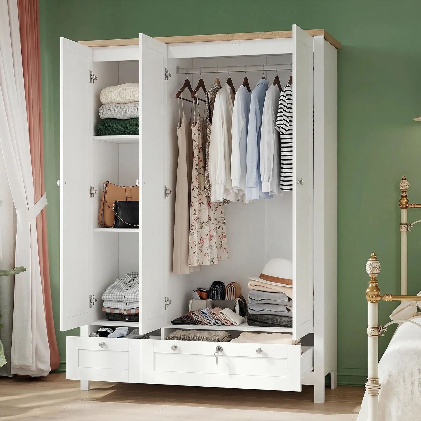 Homcom 3-Door Wardrobe Closet with 2 Drawers, 69" Clothing Storage Cabinet with Lockable Large Drawer, Hanging Rod and Storage Shelves for Bedroom, Wardrobe Cabinet, White