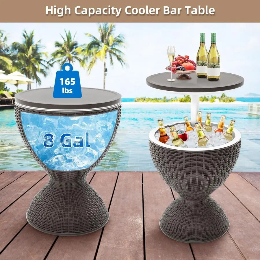 Patio Cool Bar Table, HeightAdjustable Outdoor Bar Tables 8 Gallon Beer and Wine Cooler, 3in1 Rattan Style Ice Cooler with Drai