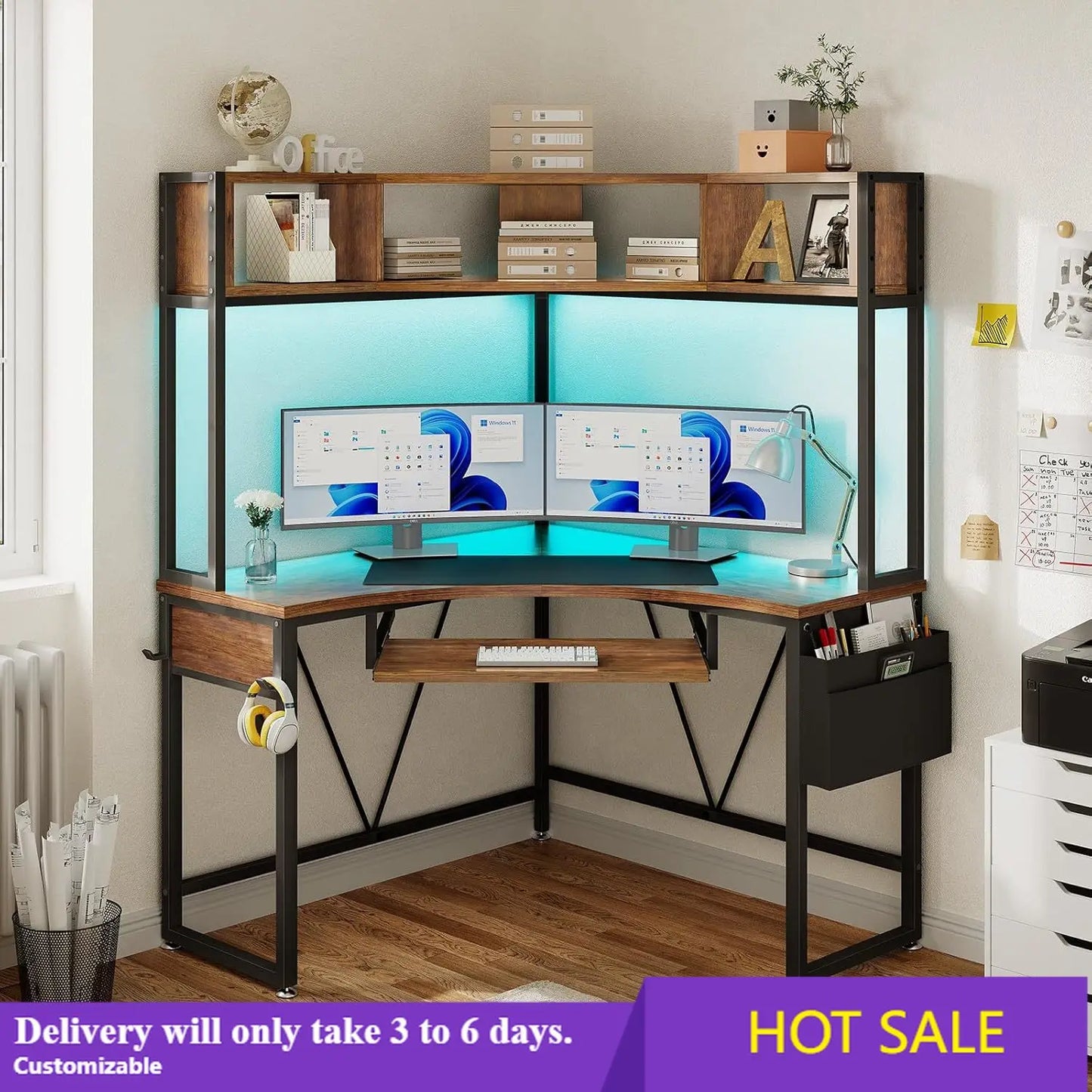 Corner Desk, 39" W x 62" H Small Office Desk with Hutch & LED Lights, Triangle Gaming Computer Desk with Keyboard Tray