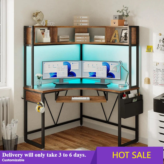 Corner Desk, 39" W x 62" H Small Office Desk with Hutch & LED Lights, Triangle Gaming Computer Desk with Keyboard Tray