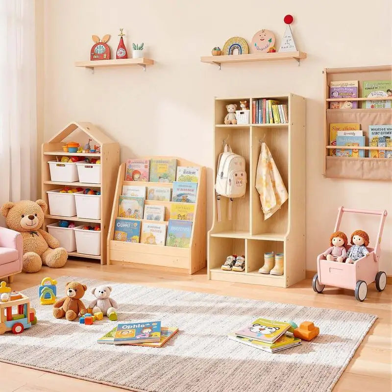 2-Section Kids Coat Locker, Wooden Toddler Cubby Storage Organizer with 4 Hooks & Anti-Tip Kit, Modern Kid Coat Cubbies with 4 Small Open Storage Boxes for Home, Kindergarten, Daycare, Natural