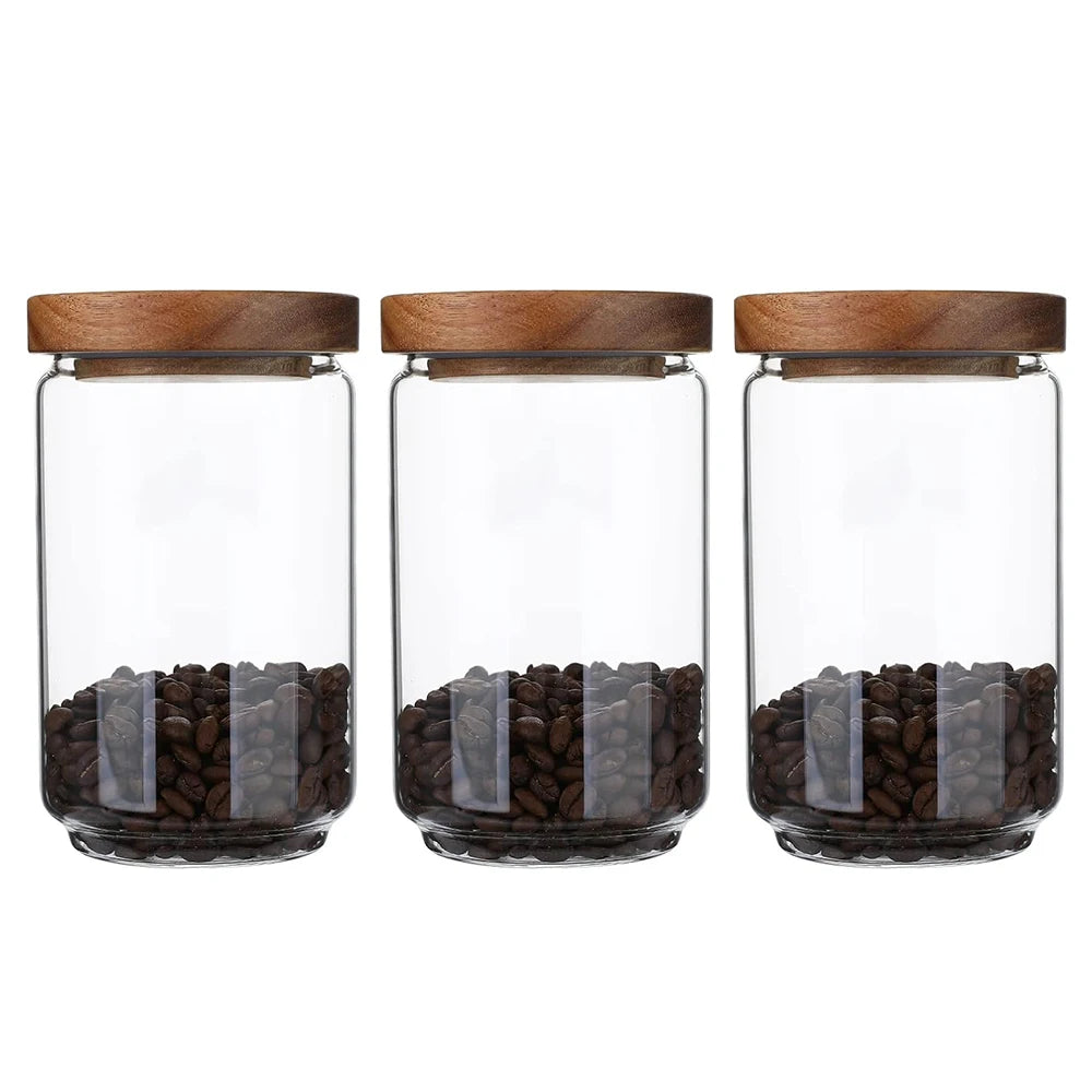Glass Storage Jars with Wood Lid [Set of 3], 34OZ Airtight Food Containers Stackable for Coffee Beans/ Nuts/ Pasta/Cookie
