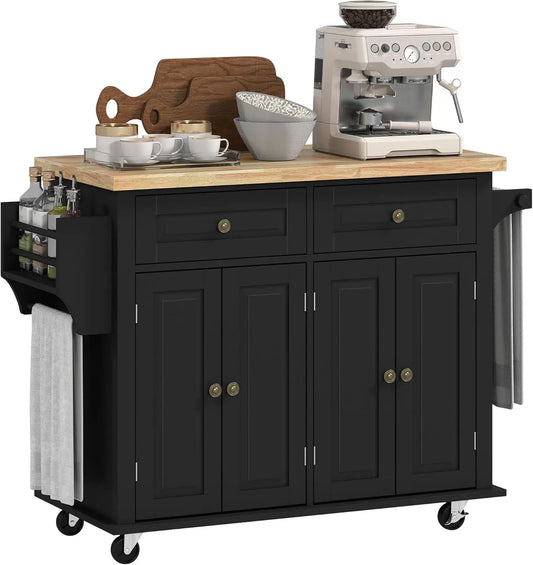 Kitchen Island Cart with Solid Wood Top, 44" Mobile Kitchen Island Table on Wheels with Storage Cabinets, 2 Drawers