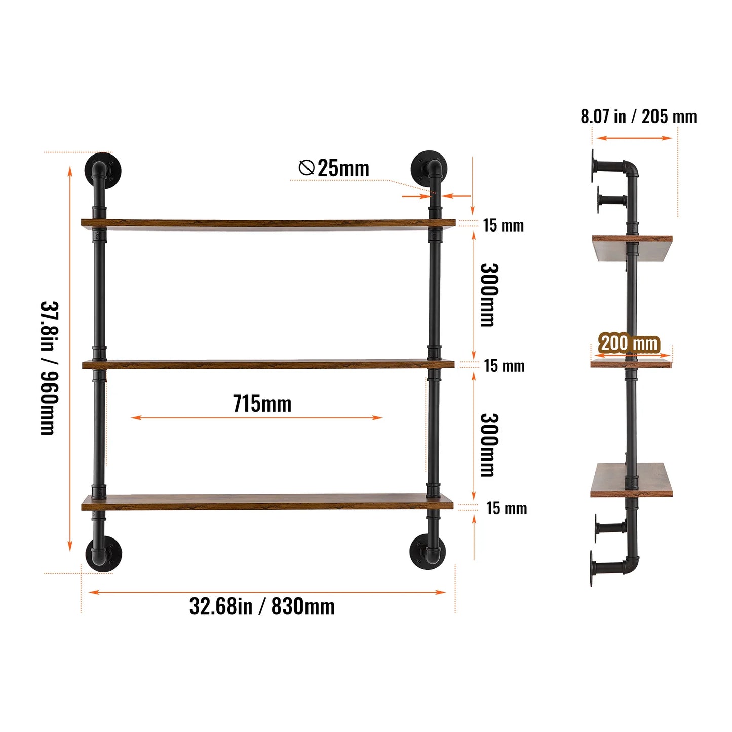 Industrial Pipe Shelf Wall Mount Rustic Wood Shelves Bracket Rack