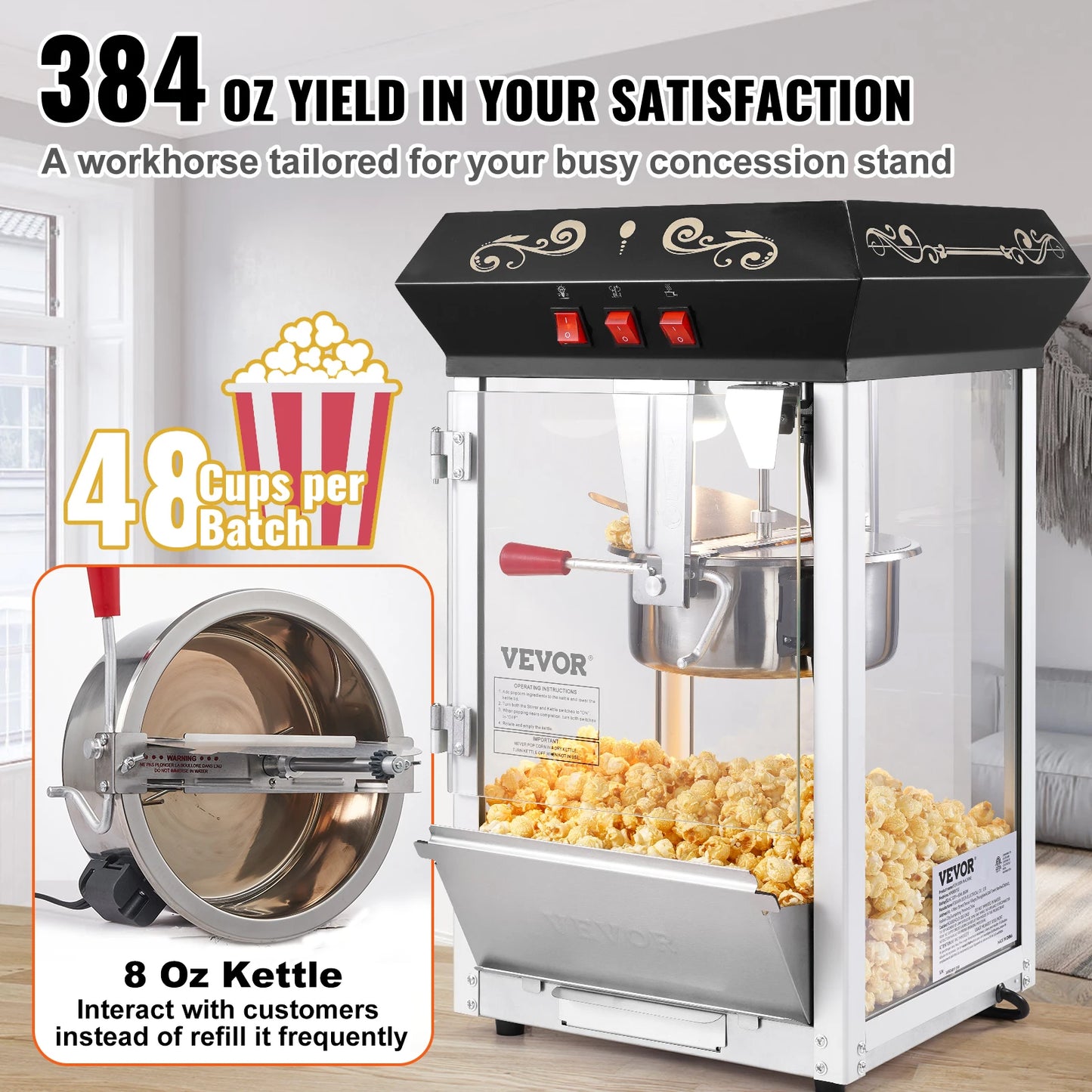 SucceBuy Commercial Countertop Popcorn Maker Machine With Tempered Glass Lid