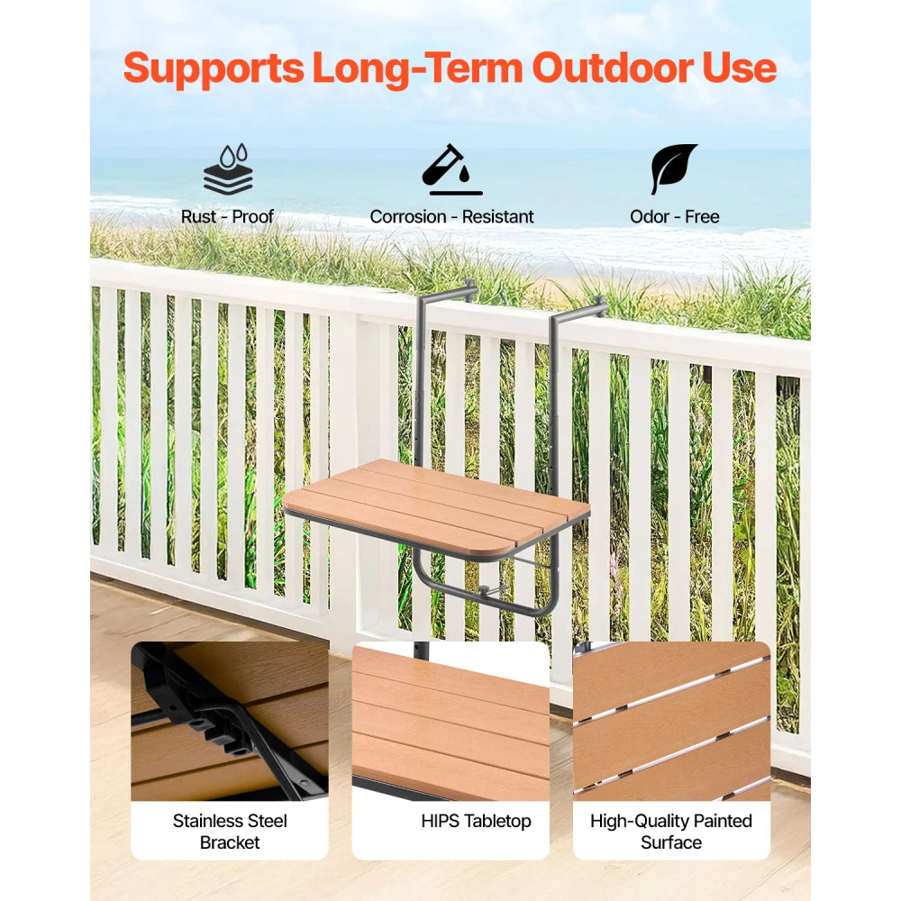 Balcony Hanging Table 25x24in, Adjustable Outdoor Patio Railing Bar Table, Space Saving Foldable Design for Balcony Garden Use